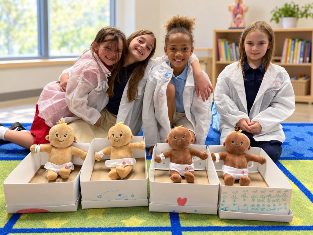 Four young pediatricians with plush patients