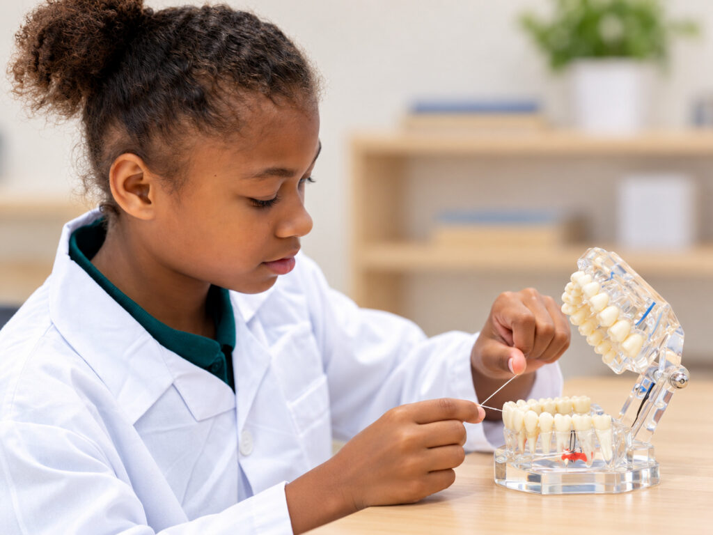 Girl flosses a dental model