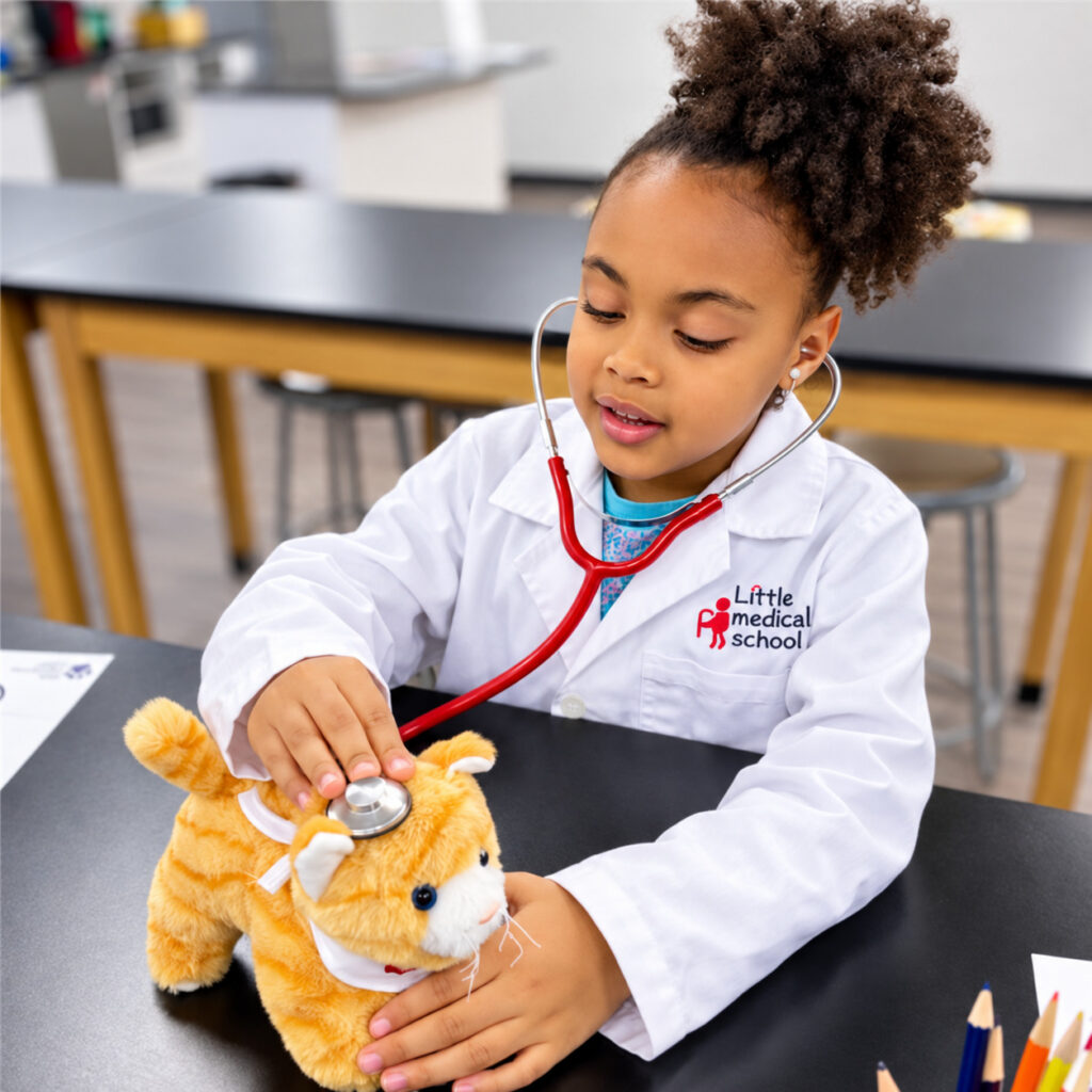 Young medical student examines a plush cat